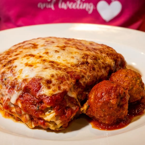 A plate of lasagna with melted cheese and tomato sauce, served with three meatballs.