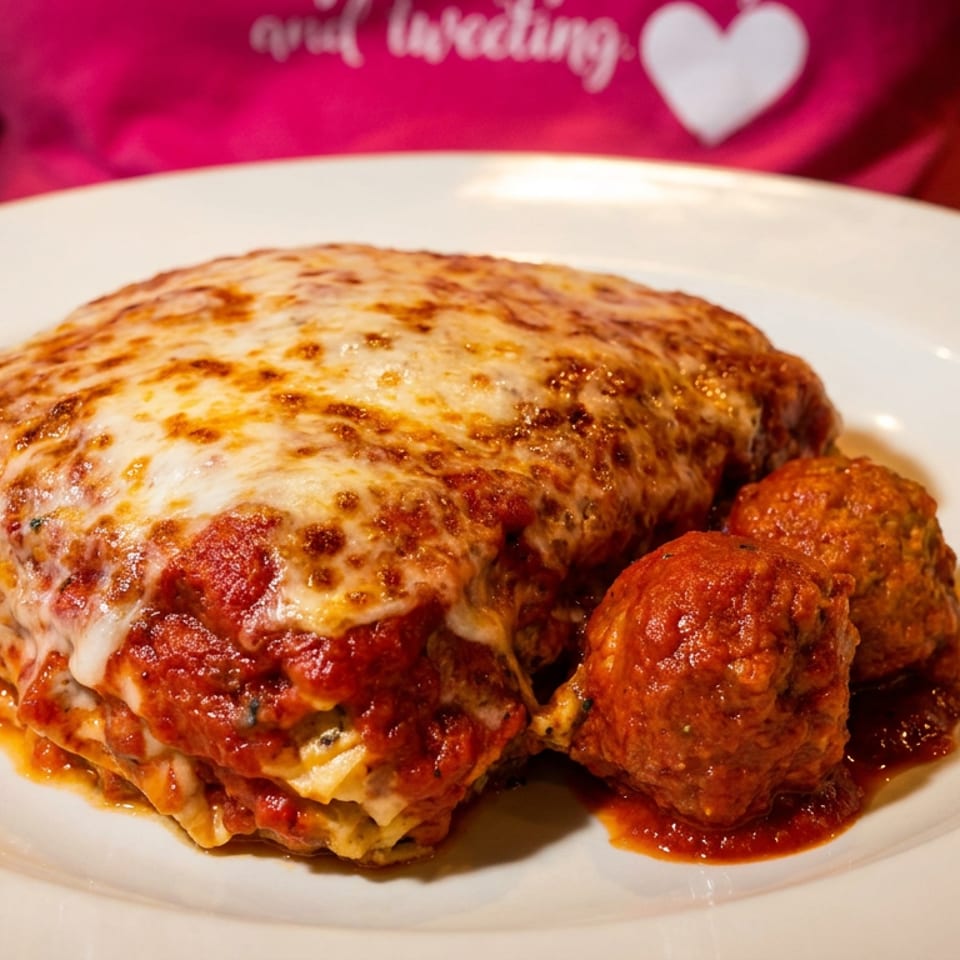 A plate of lasagna with melted cheese and tomato sauce, served with three meatballs.