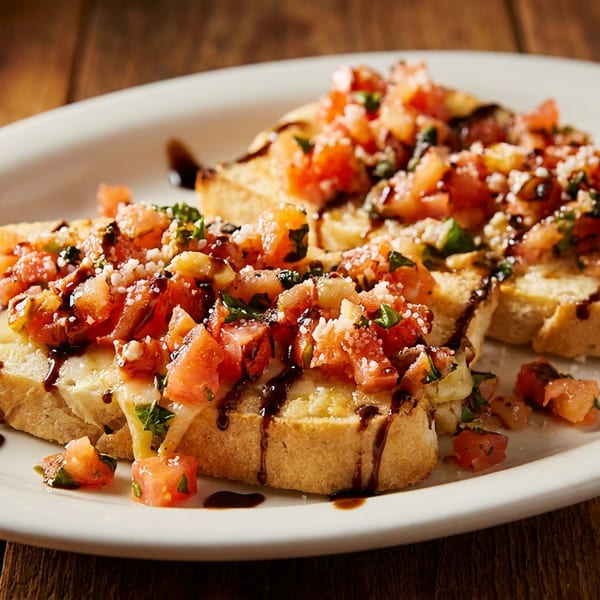 Two pieces of bruschetta topped with diced tomatoes, cheese, basil, and balsamic glaze.