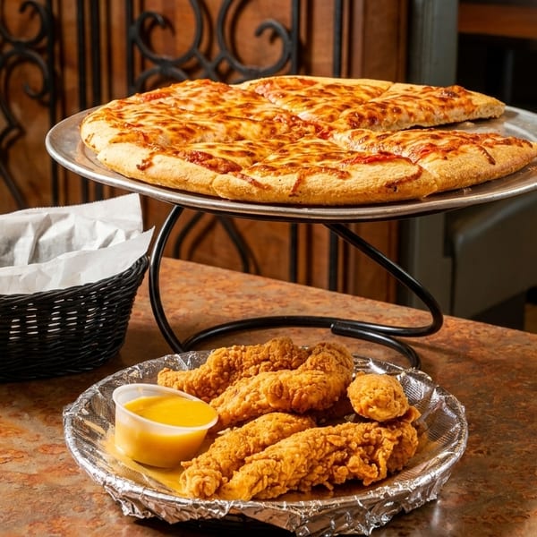 A large cheese pizza on a tiered stand with crispy chicken tenders and dipping sauce below.