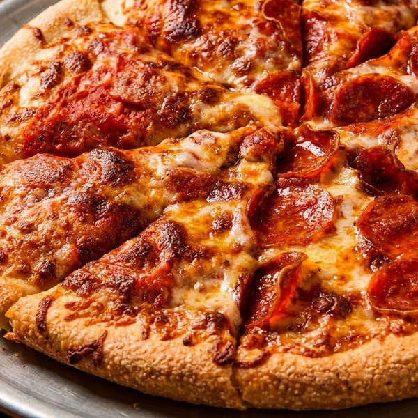 A large, hot pepperoni and cheese pizza, sliced and served on a metal pan.