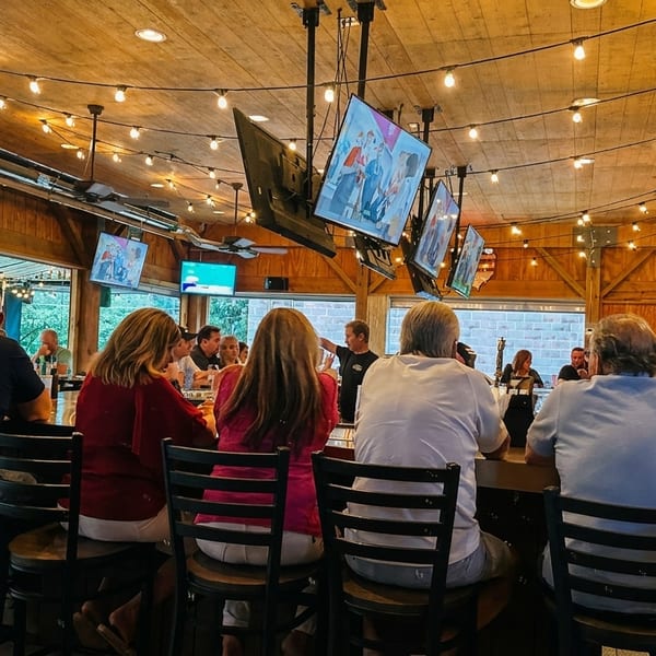 Patrons seated at a lively bar with multiple TVs, string lights, and an outdoor view.